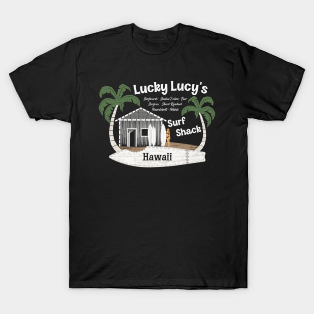 Lucky Lucy's Surf Shack Surfer T-Shirt by SunGraphicsLab